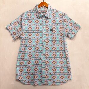 Burlebo Mens SS Performance Button Shirt M Blue/Pink Southwestern Aztec Print
